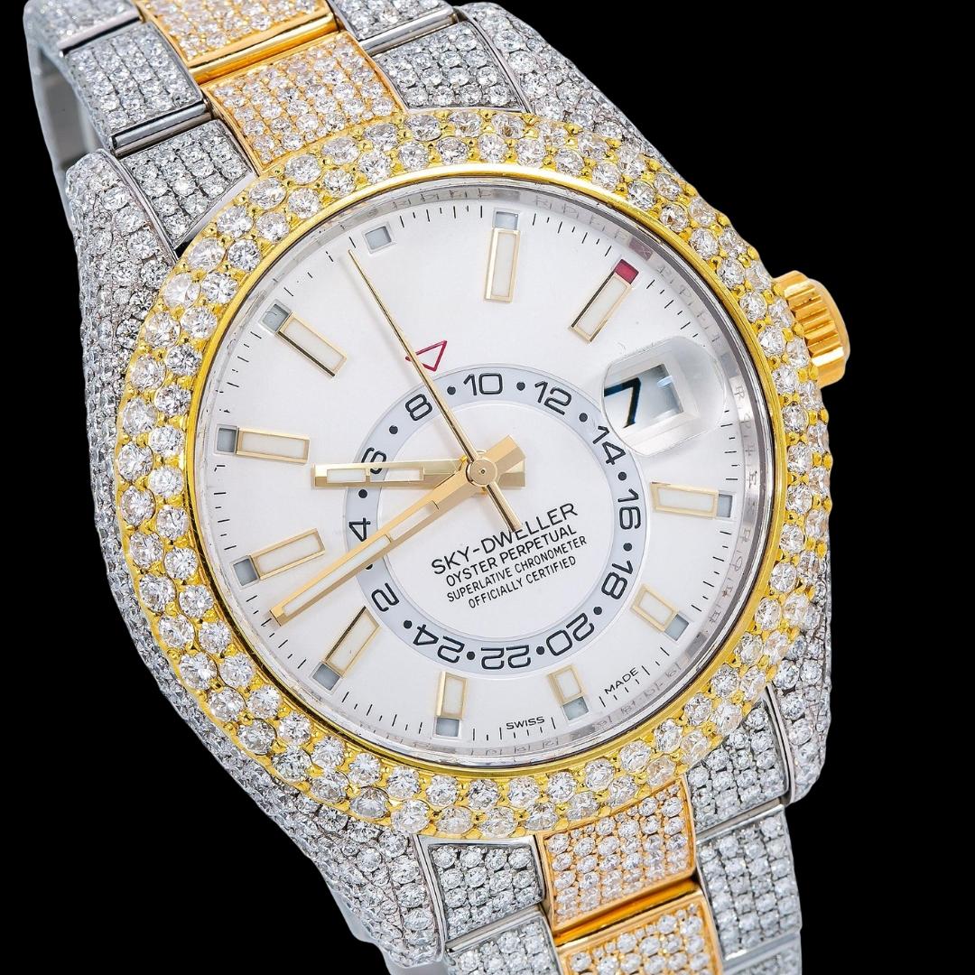 Rolex Sky-Dweller White Dual Time Dial Stick Markers Two Tone Oyster Bracelet Iced Out Moissanite Watch Close Up Dial View