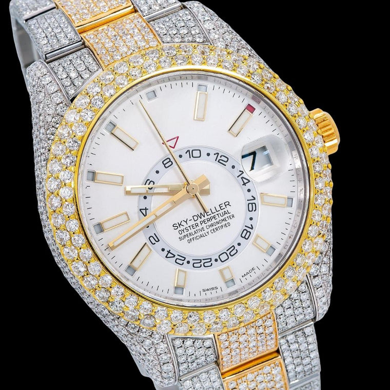 Rolex Sky-Dweller White Dual Time Dial Stick Markers Two Tone Oyster Bracelet Iced Out Moissanite Watch Close Up Dial View