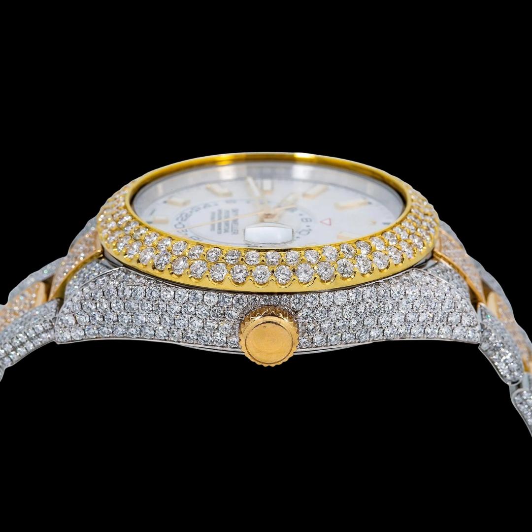 Rolex Sky-Dweller White Dual Time Dial Stick Markers Two Tone Oyster Bracelet Iced Out Moissanite Watch Crown View