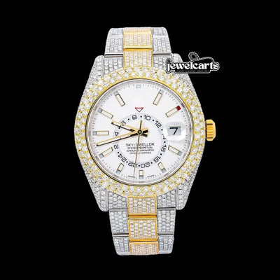 Rolex Sky-Dweller White Dual Time Dial Stick Markers Two Tone Oyster Bracelet Iced Out Moissanite Watch