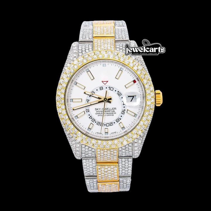 Rolex Sky-Dweller White Dual Time Dial Stick Markers Two Tone Oyster Bracelet Iced Out Moissanite Watch Front View