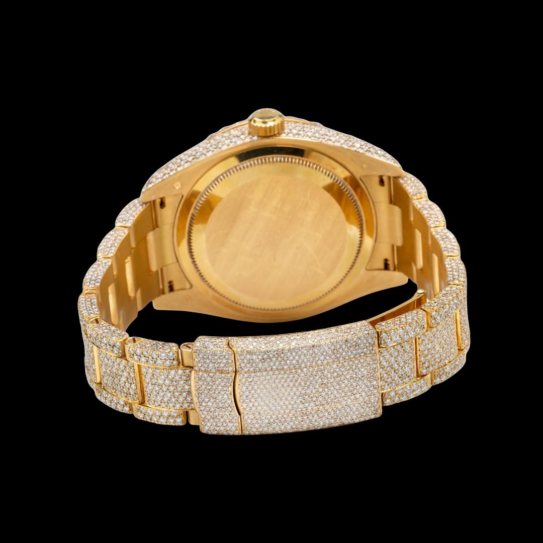 Rolex Sky-Dweller Yellow Dial Standard Numerals Fully Iced Out Yellow Gold Oyster Bracelet Moissanite Watch Caseback View