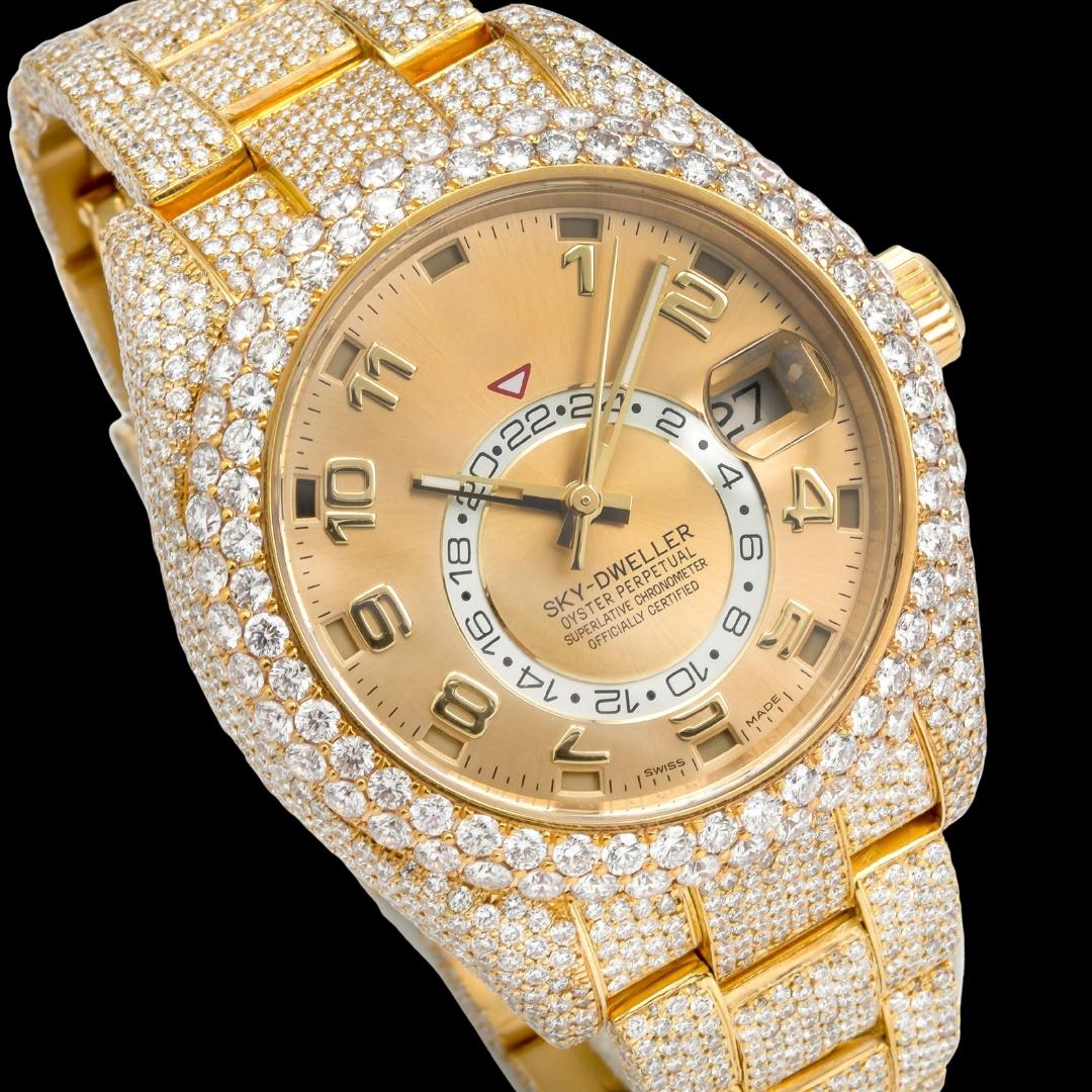 Rolex Sky-Dweller Yellow Dial Standard Numerals Fully Iced Out Yellow Gold Oyster Bracelet Moissanite Watch Close Up Dial View