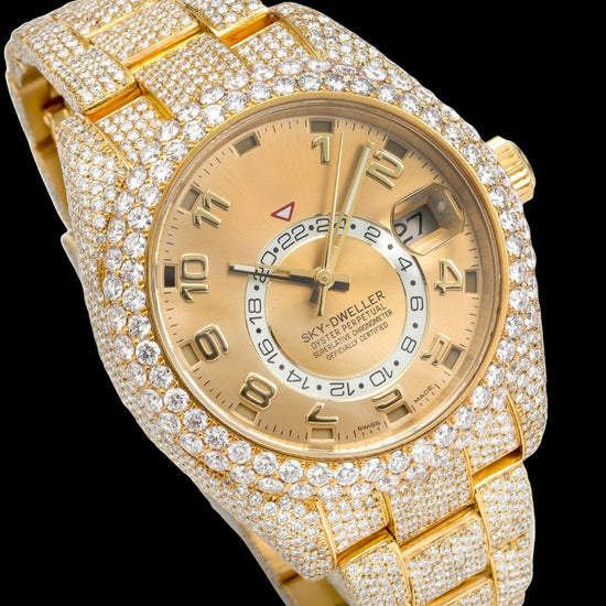 Rolex Sky-Dweller Yellow Dial Standard Numerals Fully Iced Out Yellow Gold Oyster Bracelet Moissanite Watch Close Up Dial View