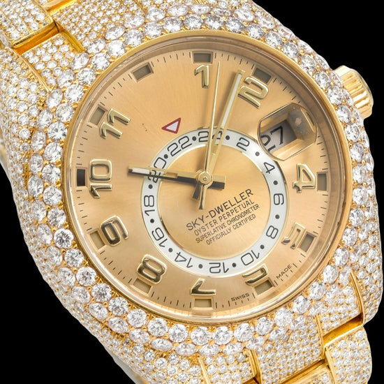 Rolex Sky-Dweller Yellow Dial Standard Numerals Fully Iced Out Yellow Gold Oyster Bracelet Moissanite Watch Close Up Front View