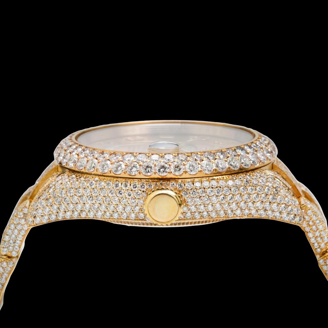 Rolex Sky-Dweller Yellow Dial Standard Numerals Fully Iced Out Yellow Gold Oyster Bracelet Moissanite Watch Crown View