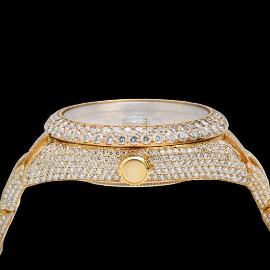 Rolex Sky-Dweller Yellow Dial Standard Numerals Fully Iced Out Yellow Gold Oyster Bracelet Moissanite Watch Crown View