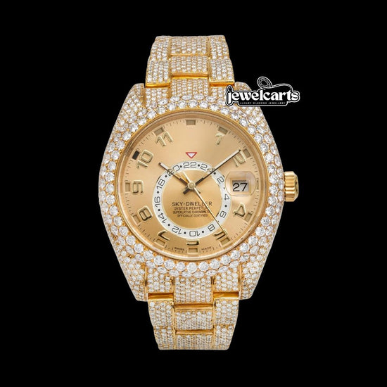 Rolex Sky-Dweller Yellow Dial Standard Numerals Fully Iced Out Yellow Gold Oyster Bracelet Moissanite Watch Front View
