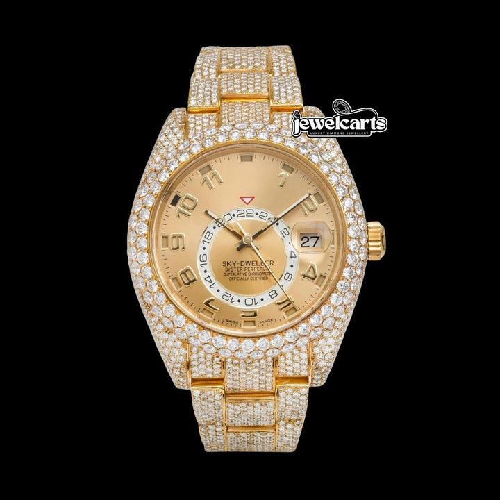 Rolex Sky-Dweller Yellow Dial Standard Numerals Fully Iced Out Yellow Gold Oyster Bracelet Moissanite Watch Front View