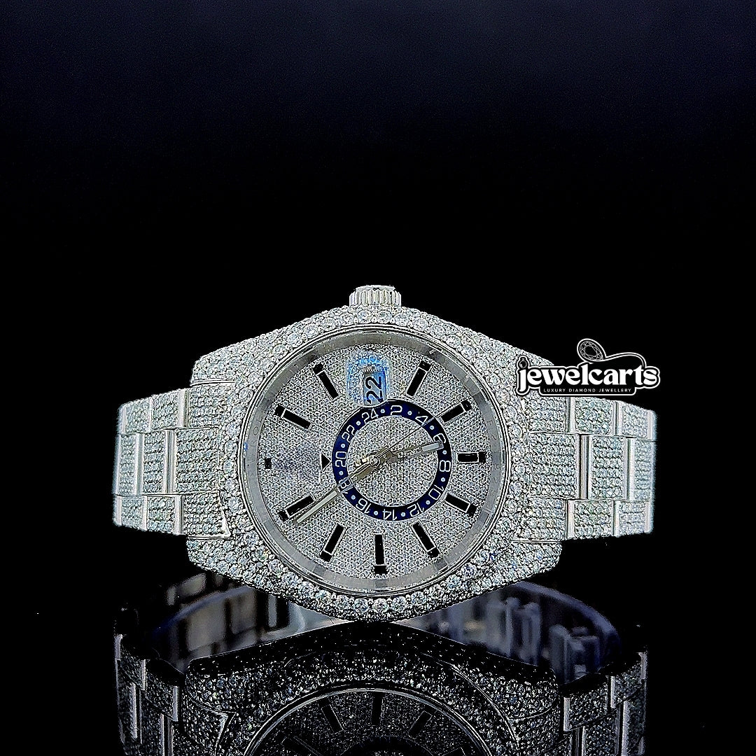 Rolex Sky Dweller Fully Iced Out Oyster Strap White Gold Moissanite Watch Front View