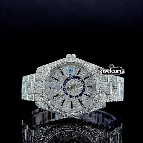 Rolex Sky Dweller Fully Iced Out Oyster Strap White Gold Moissanite Watch Front View