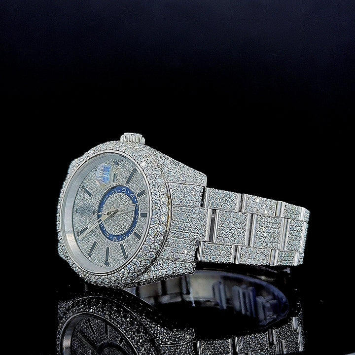 Rolex Sky Dweller Fully Iced Out Oyster Strap White Gold Moissanite Watch Left Profile View