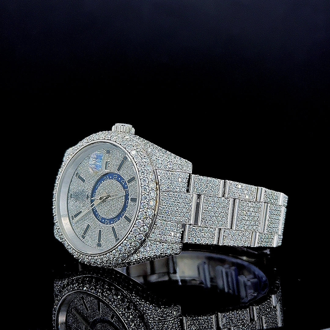 Rolex Sky Dweller Fully Iced Out Oyster Strap White Gold Moissanite Watch Left Profile View
