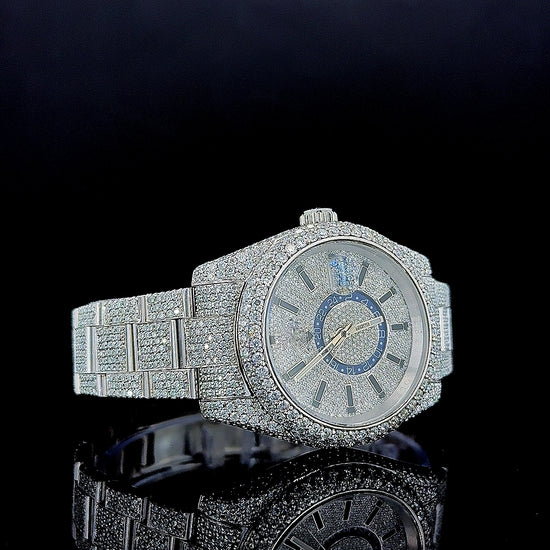 Rolex Sky Dweller Fully Iced Out Oyster Strap White Gold Moissanite Watch Right Profile View