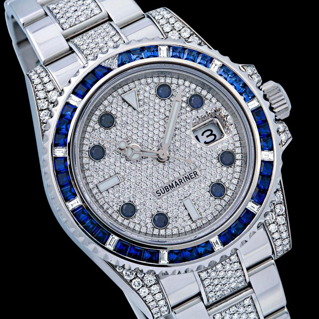 Rolex Submariner Date Dial Rotatable Diamond Bezel Iced Out Oyster Strap Moissanite Watch Close Up Dial View