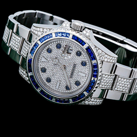 Rolex Submariner Date Dial Rotatable Diamond Bezel Iced Out Oyster Strap Moissanite Watch Close Up Front View
