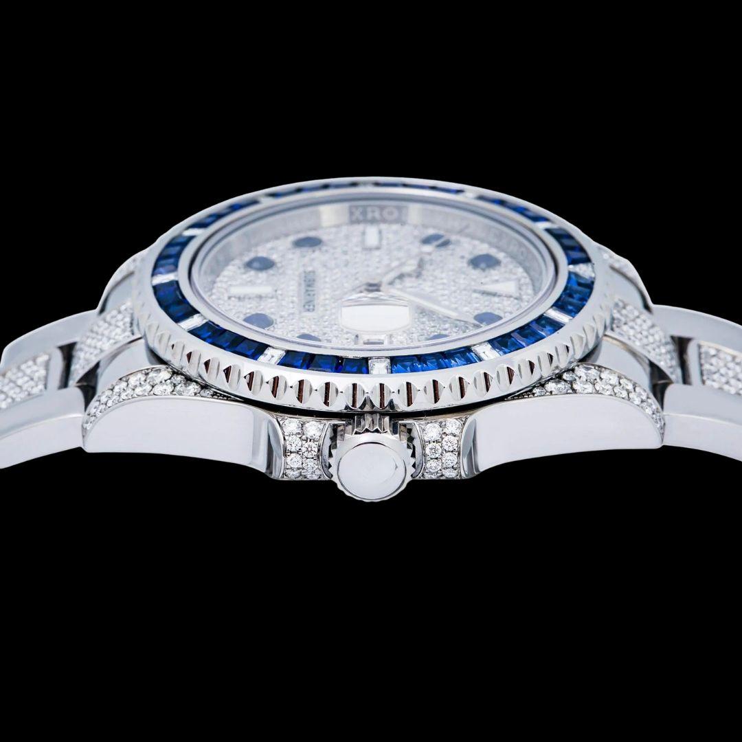 Rolex Submariner Date Dial Rotatable Diamond Bezel Iced Out Oyster Strap Moissanite Watch Crown View