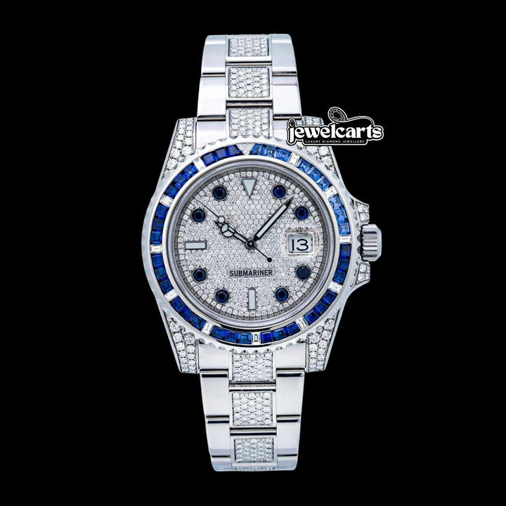 Rolex Submariner Date Dial Rotatable Diamond Bezel Iced Out Oyster Strap Moissanite Watch Front View
