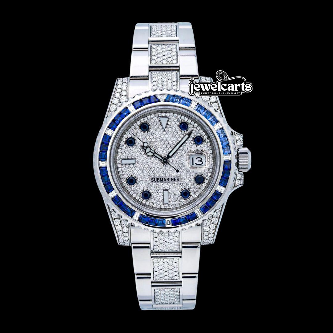 Rolex Submariner Date Dial Rotatable Diamond Bezel Iced Out Oyster Strap Moissanite Watch Front View