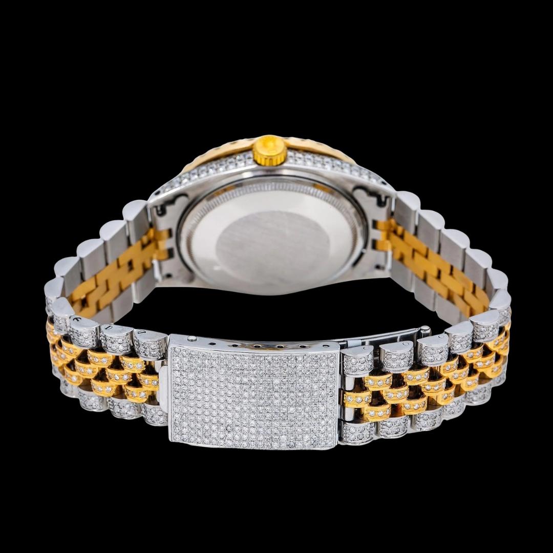 Rolex Tiffany Blue Dial Roman Numerals Two Tone Yellow Gold Jubilee Bracelet Iced Out Moissanite Watch Caseback View