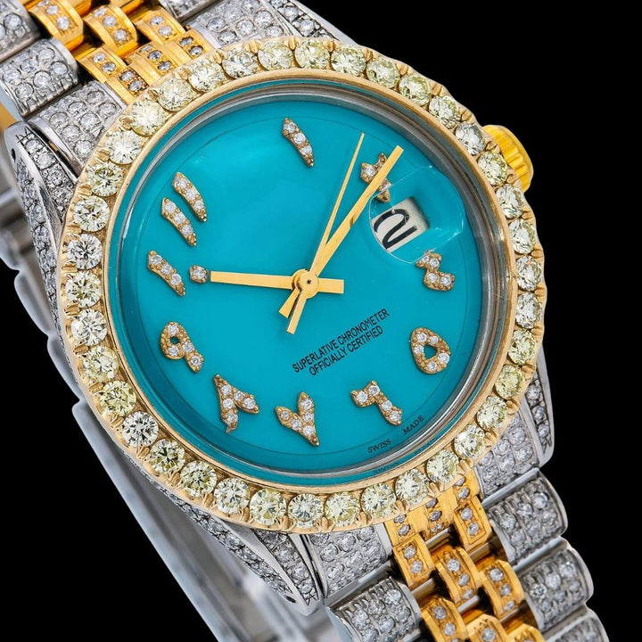 Rolex Tiffany Blue Dial Roman Numerals Two Tone Yellow Gold Jubilee Bracelet Iced Out Moissanite Watch Close Up Dial View