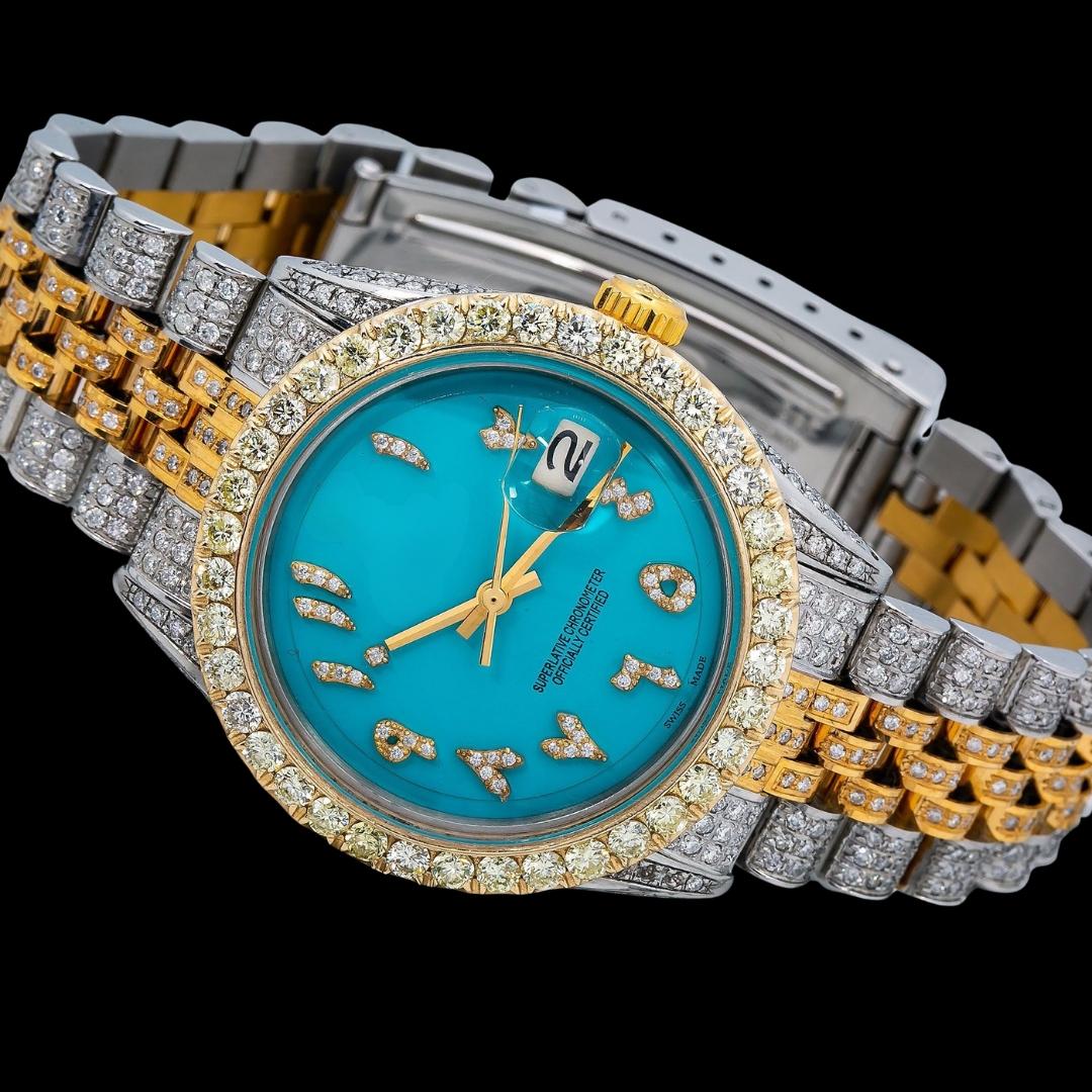 Rolex Tiffany Blue Dial Roman Numerals Two Tone Yellow Gold Jubilee Bracelet Iced Out Moissanite Watch Close Up Front View