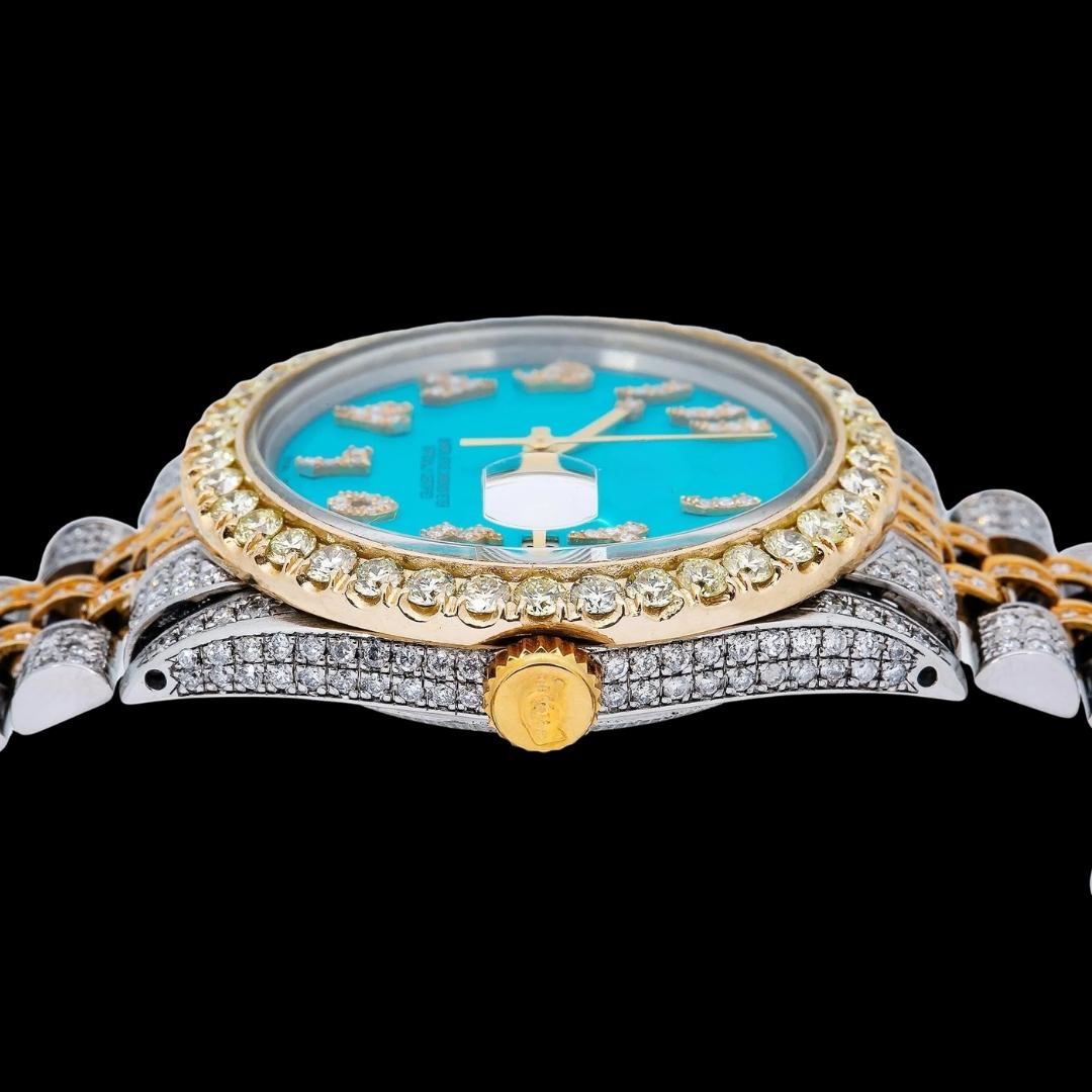 Rolex Tiffany Blue Dial Roman Numerals Two Tone Yellow Gold Jubilee Bracelet Iced Out Moissanite Watch Crown View