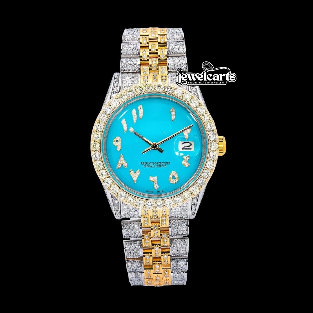 Rolex Tiffany Blue Dial Roman Numerals Two Tone Yellow Gold Jubilee Bracelet Iced Out Moissanite Watch Front View