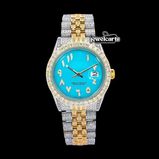 Rolex Tiffany Blue Dial Roman Numerals Two Tone Yellow Gold Jubilee Bracelet Iced Out Moissanite Watch Front View