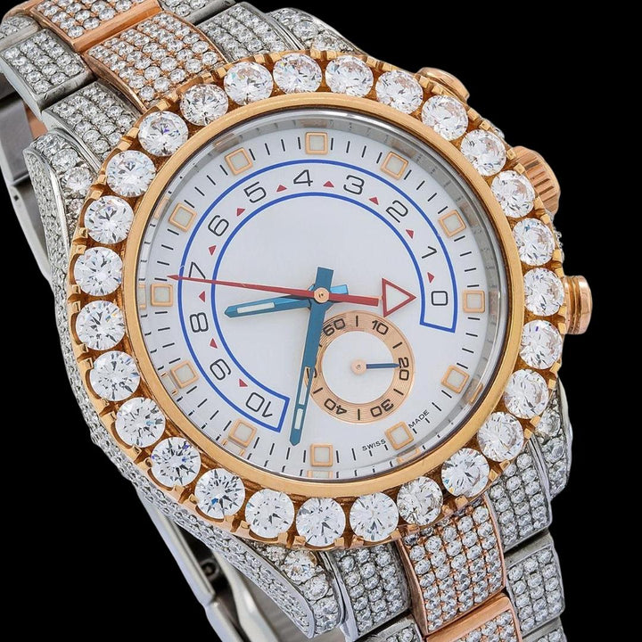 Rolex Yacht-Master II White Dial Standard Numerals Two Tone Rose Gold Oyster Moissanite Watch Close Up Dial View