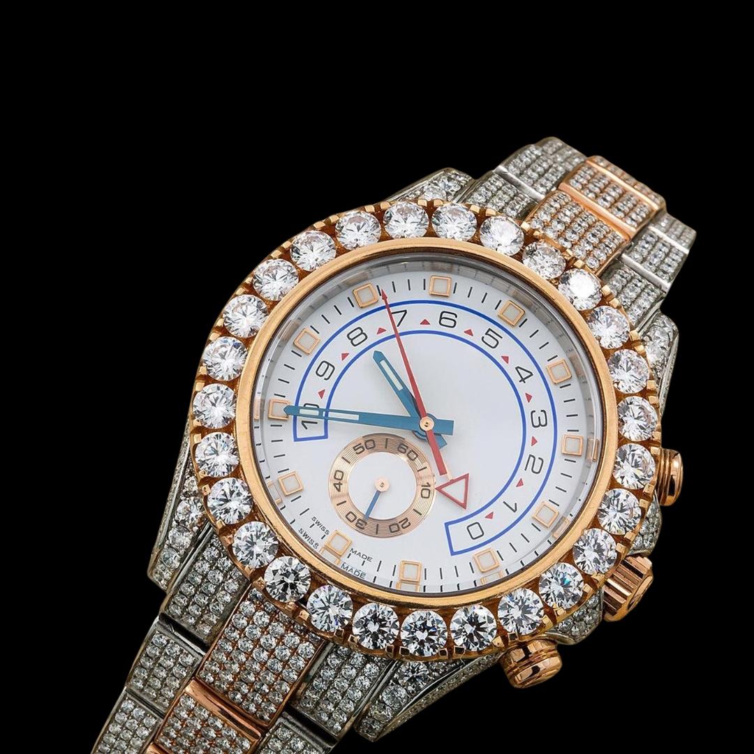 Rolex Yacht-Master II White Dial Standard Numerals Two Tone Rose Gold Oyster Moissanite Watch Close Up Front View