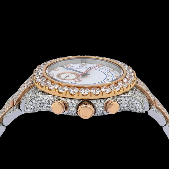 Rolex Yacht-Master II White Dial Standard Numerals Two Tone Rose Gold Oyster Moissanite Watch Crown View