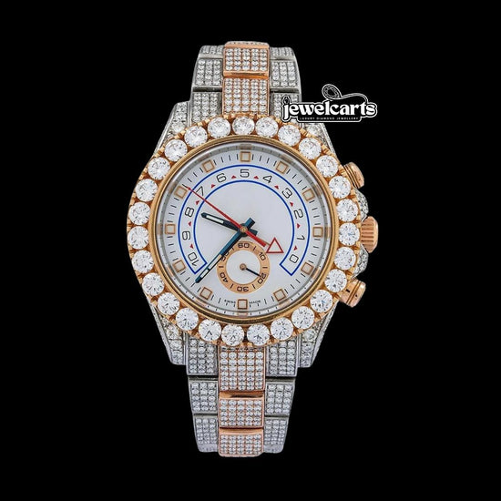 Rolex Yacht-Master II White Dial Standard Numerals Two Tone Rose Gold Oyster Moissanite Watch Front View