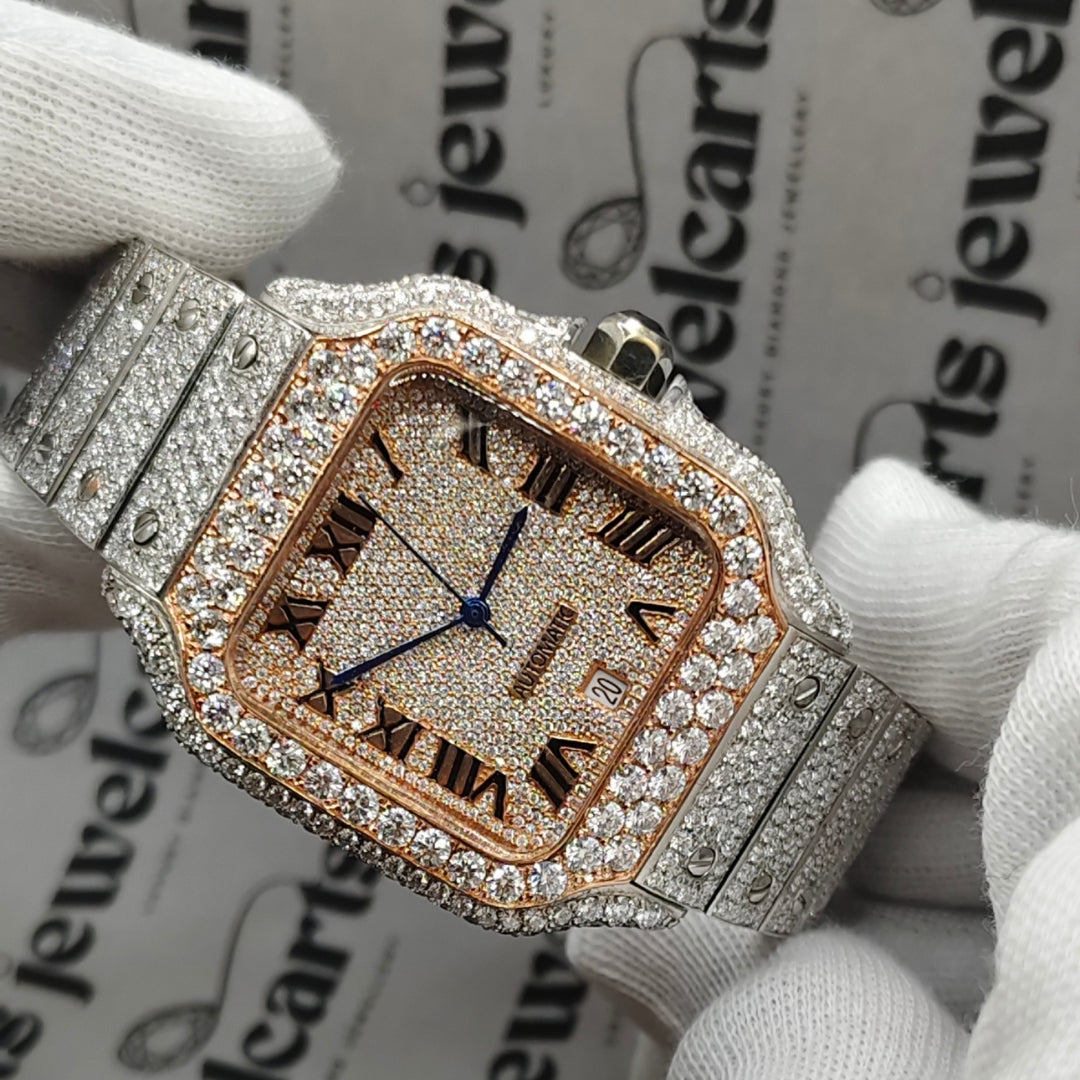 Roman Dial Cartier Santos Fully Iced Out Moissanite Watch Close Up Dial View