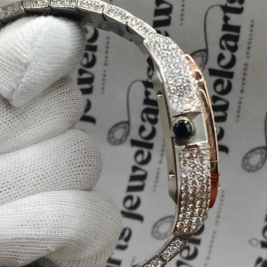 Roman Dial Cartier Santos Fully Iced Out Moissanite Watch Crown View