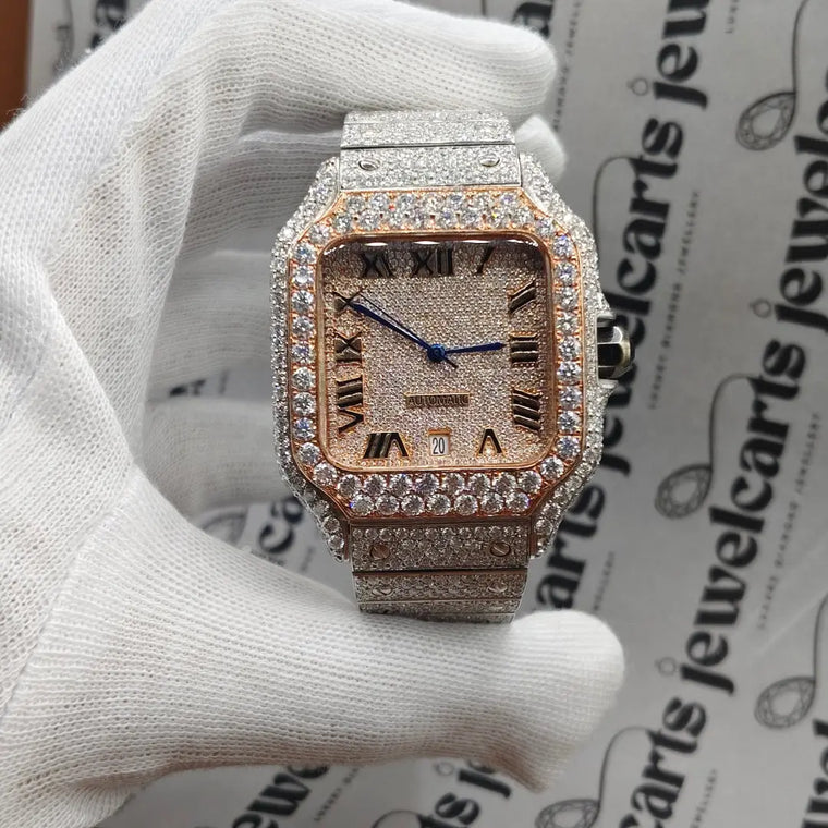 Roman Dial Cartier Santos Fully Iced Out Moissanite Watch Front View