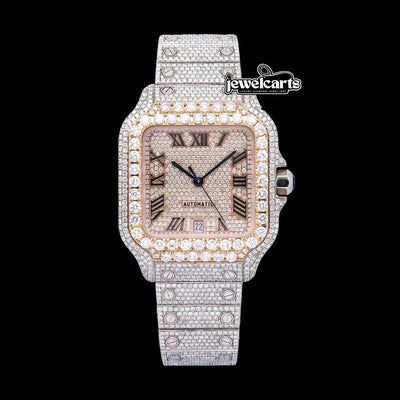 Rose Gold Roman Dial Cartier Santos Two Tone Iced Out Moissanite Watch