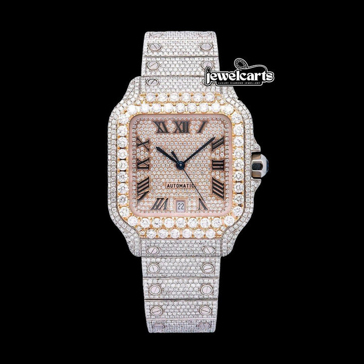 Rose Gold Roman Dial Cartier Santos Two Tone Iced Out Moissanite Watch Front View