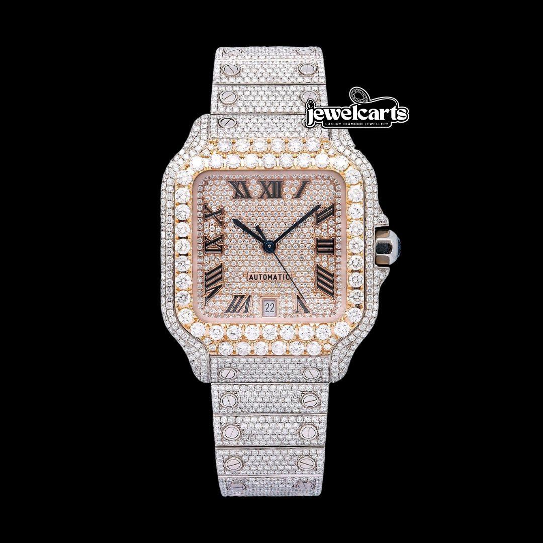 Rose Gold Roman Dial Cartier Santos Two Tone Iced Out Moissanite Watch Front View