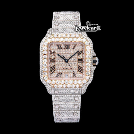 Rose Gold Roman Dial Cartier Santos Two Tone Iced Out Moissanite Watch Front View