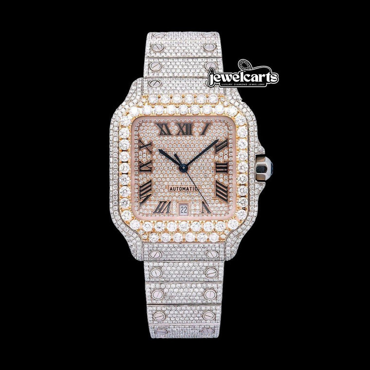 Rose Gold Roman Dial Cartier Santos Two Tone Iced Out Moissanite Watch Front View