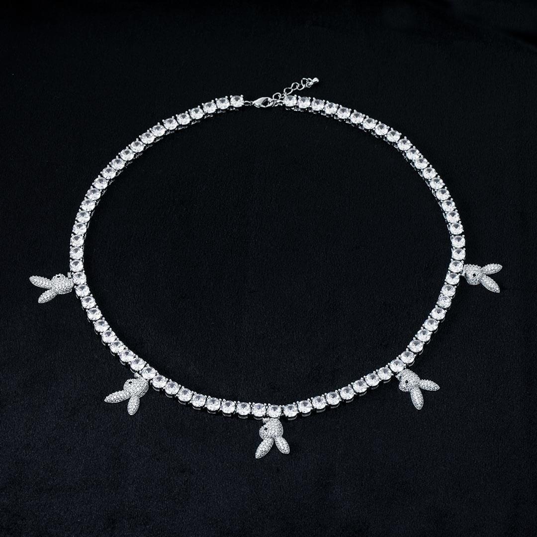 Round Moissanite Bunny Accent Tennis Necklace in 14K White Gold Detailed Close Up View