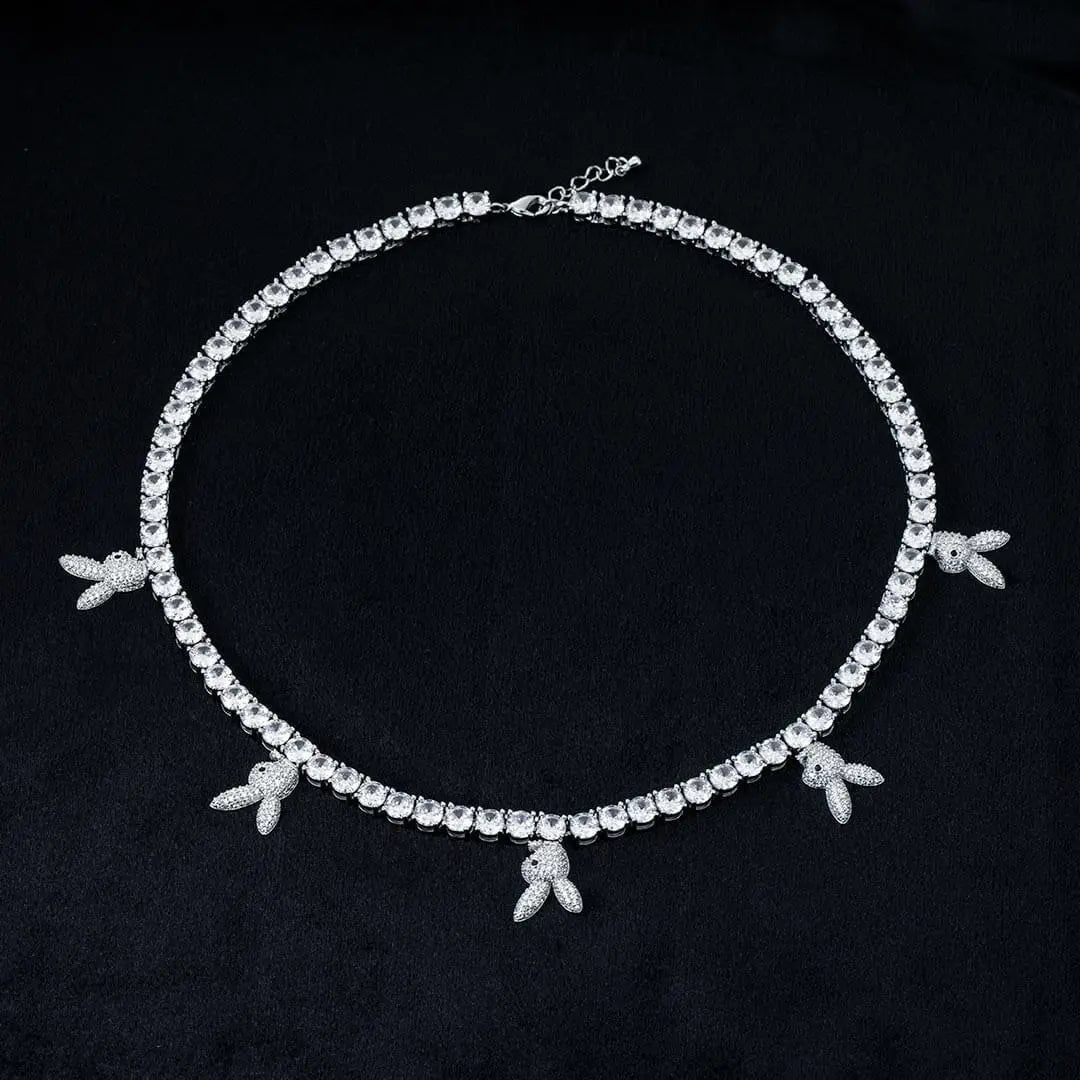 Round Moissanite Bunny Accent Tennis Necklace in 14K White Gold Detailed Close Up View