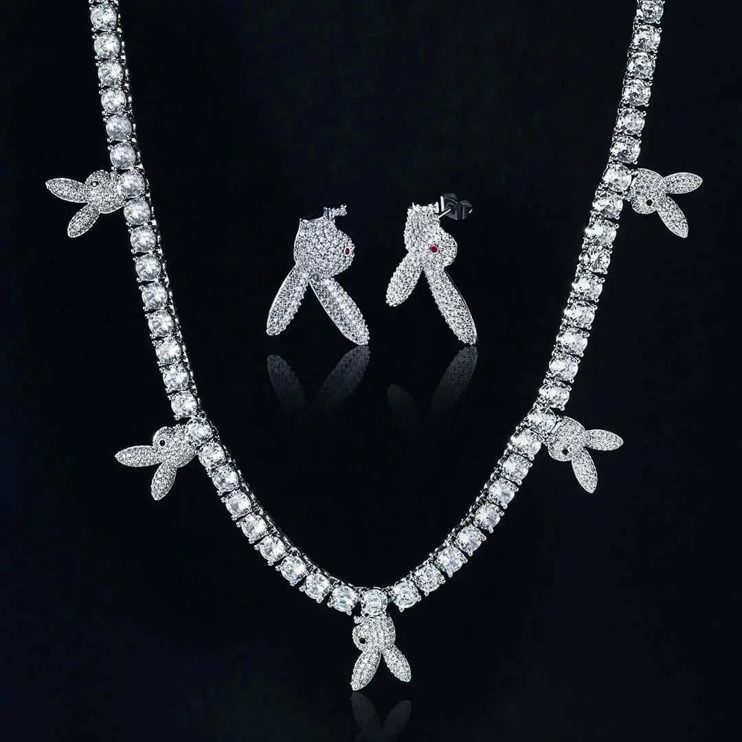 Round Moissanite Bunny Accent Tennis Necklace in 14K White Gold Detailed Link View