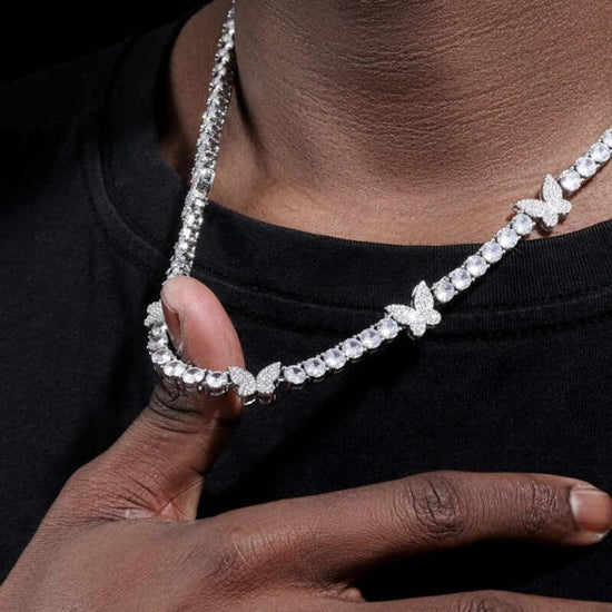 Round Moissanite Butterfly Accent Tennis Necklace in 14K White Gold Close Up Neck View 