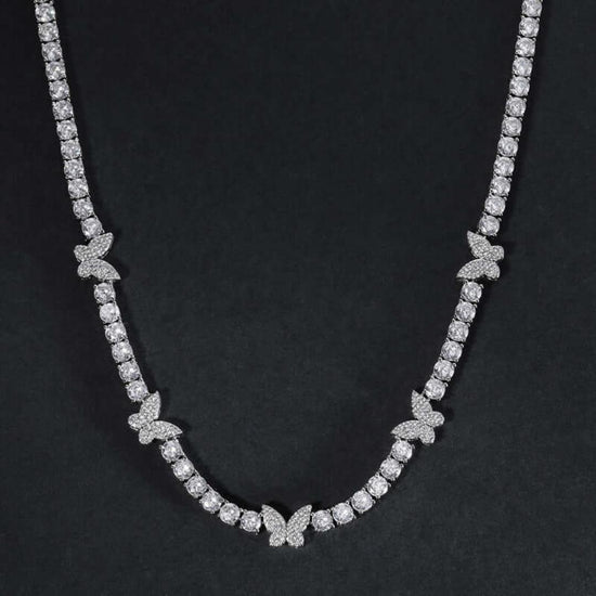 Round Moissanite Butterfly Accent Tennis Necklace in 14K White Gold Detailed Close Up View