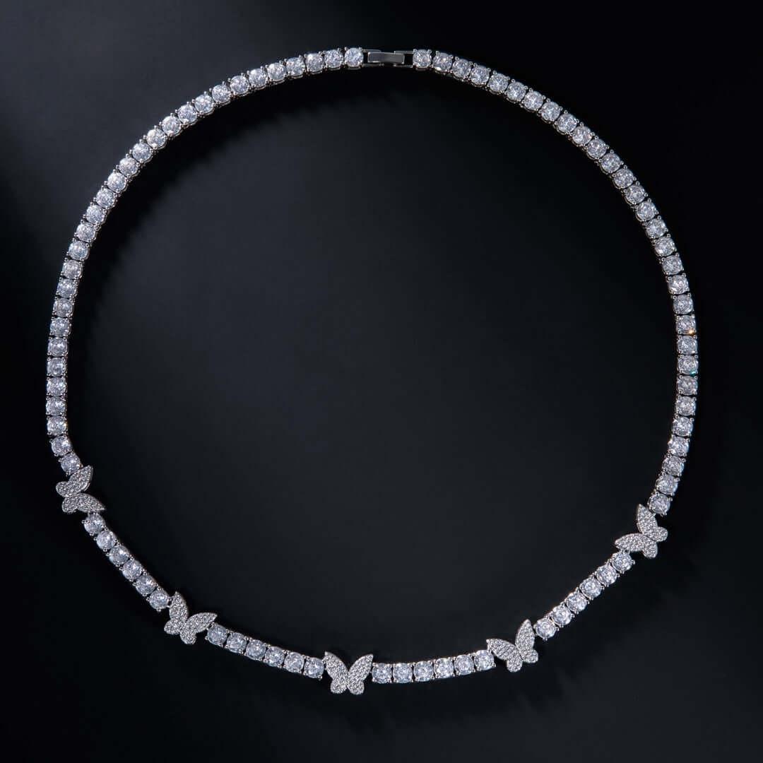 Round Moissanite Butterfly Accent Tennis Necklace in 14K White Gold Detailed Diamond View