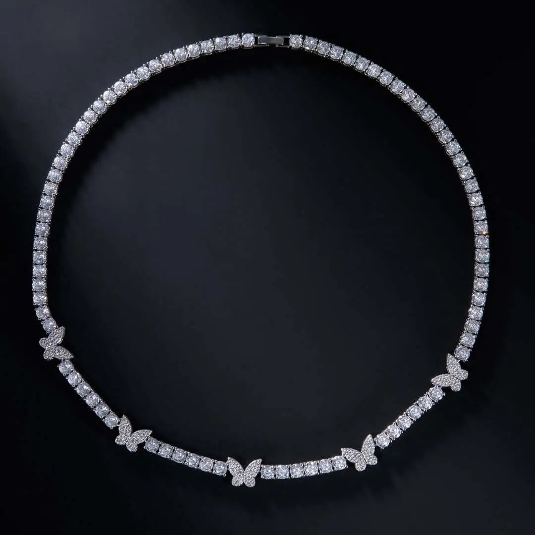 Round Moissanite Butterfly Accent Tennis Necklace in 14K White Gold Detailed Diamond View