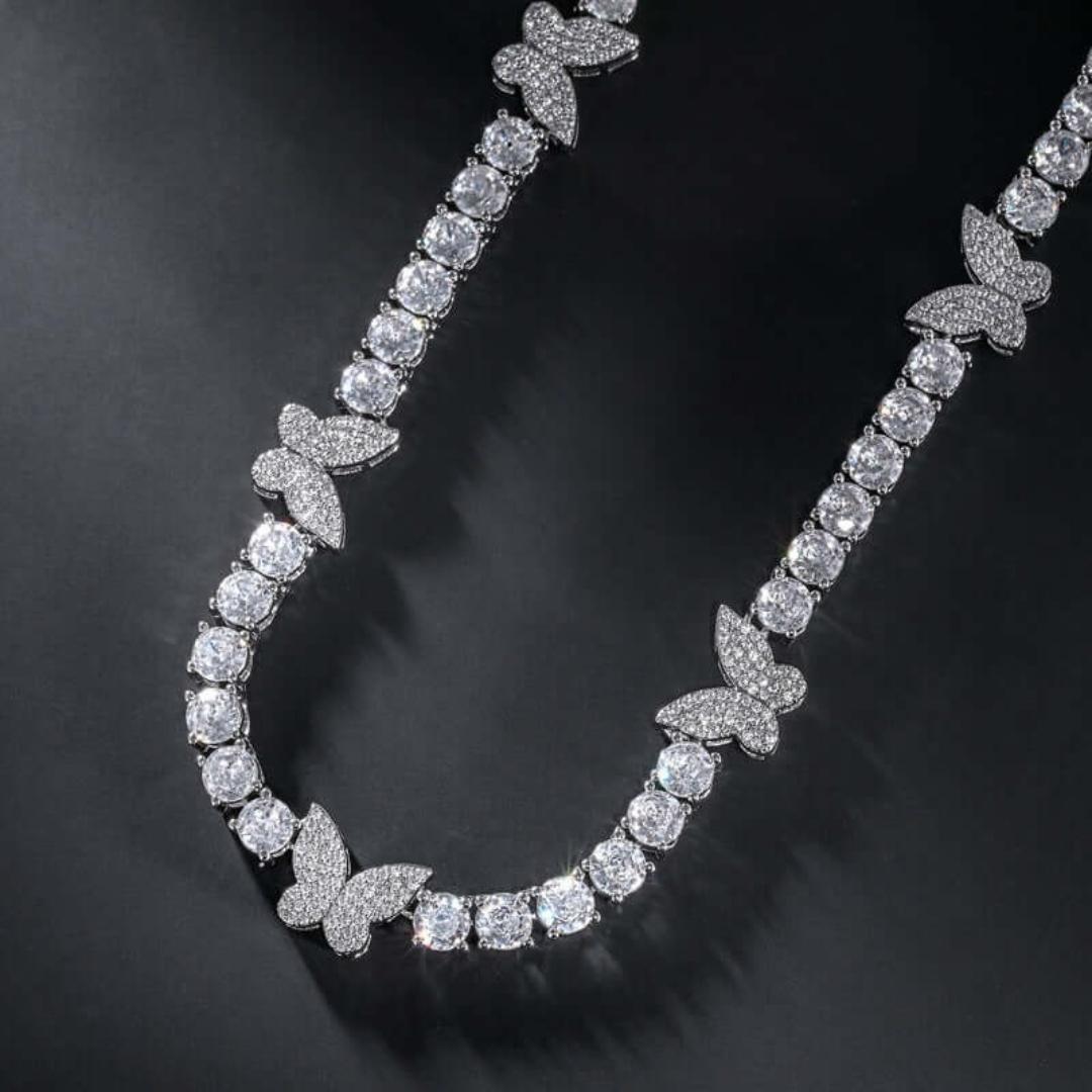 Round Moissanite Butterfly Accent Tennis Necklace in 14K White Gold Detailed Link View