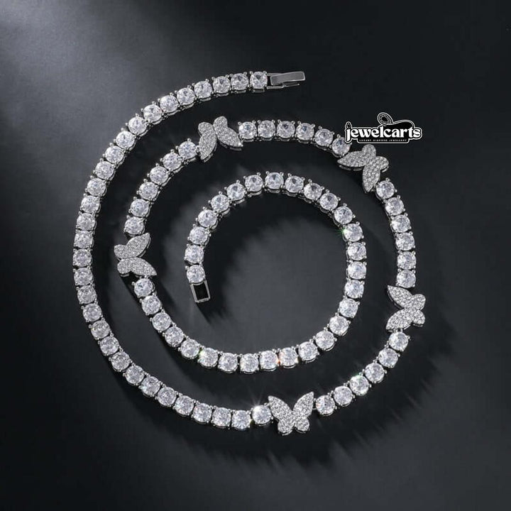 Round Moissanite Butterfly Accent Tennis Necklace in 14K White Gold Front View